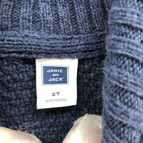 Janie and Jack Boys 2T Shawl Collar Sweater Fisherman Navy Blue Wool Blend Cable - Picture 7 of 8